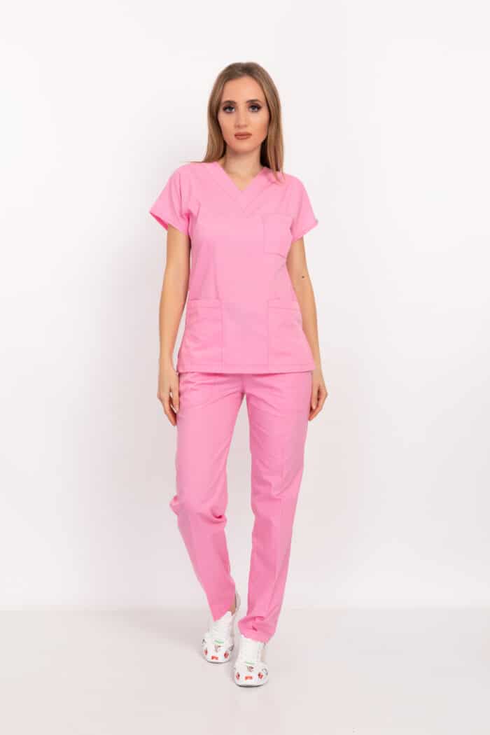 Şeker Pembesi Likralı Unisex Doktor Hemşire Hastane Scrubs Üniforma Takımı